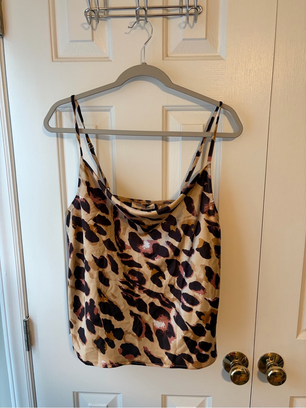 Leopard Print Satin Cowl Neck Tank Top - Beige/Brown